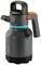Grey-black hand pump sprayer with orange accents and blue marking, suitable for gardening or plant care.