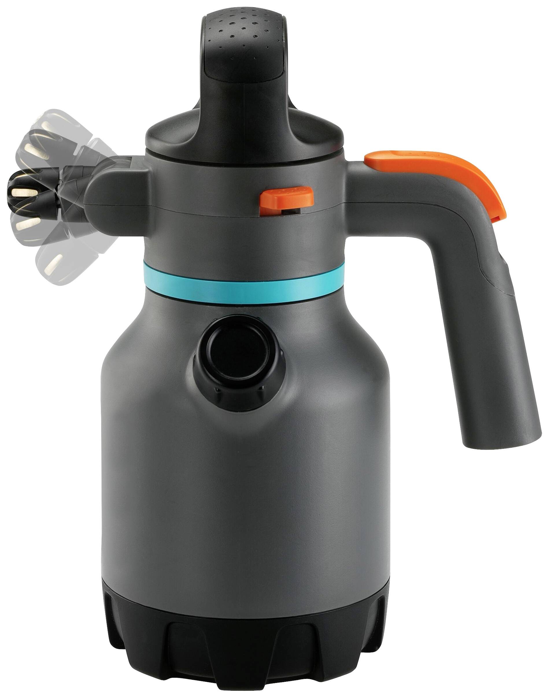Grey spray dispenser with an ergonomic handle and orange trigger; nozzle for easy distribution of liquids.