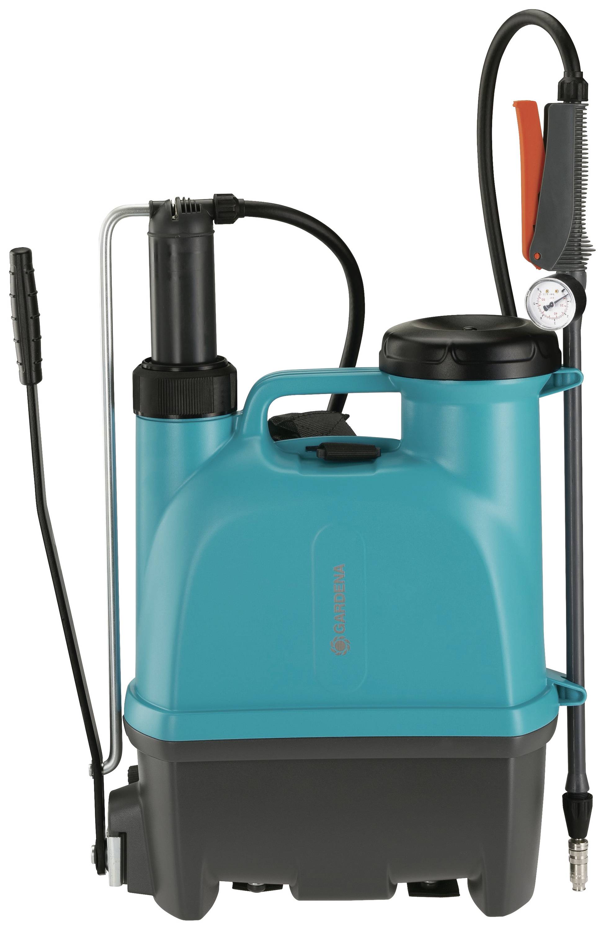 A blue backpack sprayer with a black hose and nozzle, suitable for garden work, with a pressure gauge on the side.