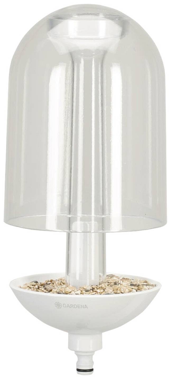 A clear plastic feed guard that keeps bird food and seeds in a white container to keep bird feed dry.