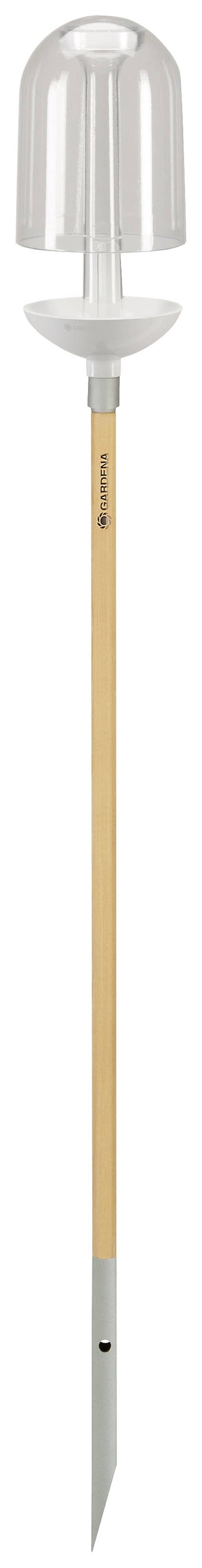 A long wooden rod with a metallic end and a transparent plastic shield on top. Possibly a garden tool.