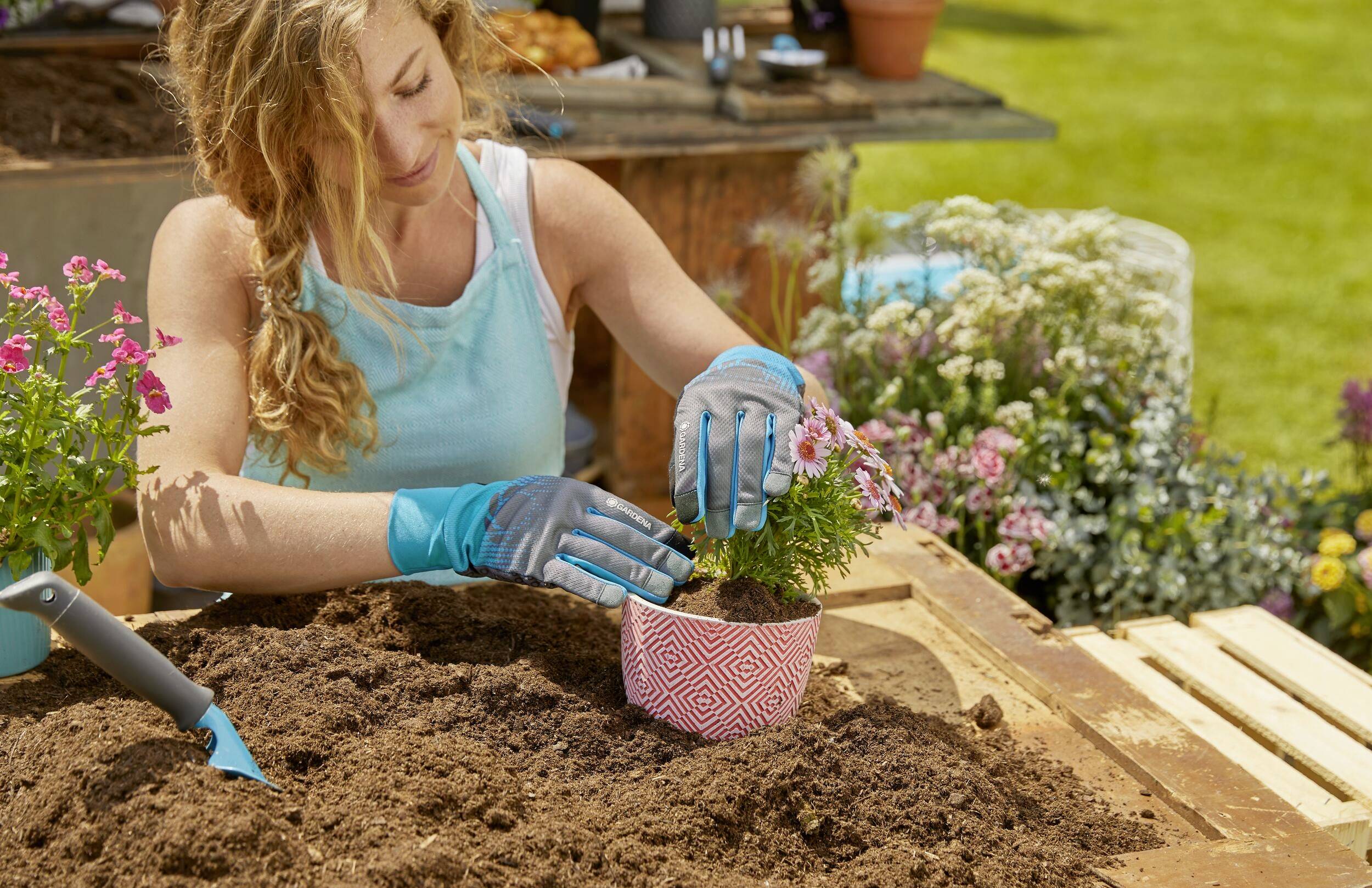 A woman is planting flowers in a pot on a table in the garden. She is wearing blue gardening gloves and is surrounded by blooming plants.