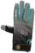 'Dark grey work glove with teal details and a velcro fastening. On the top side, there is a subtle pattern.'