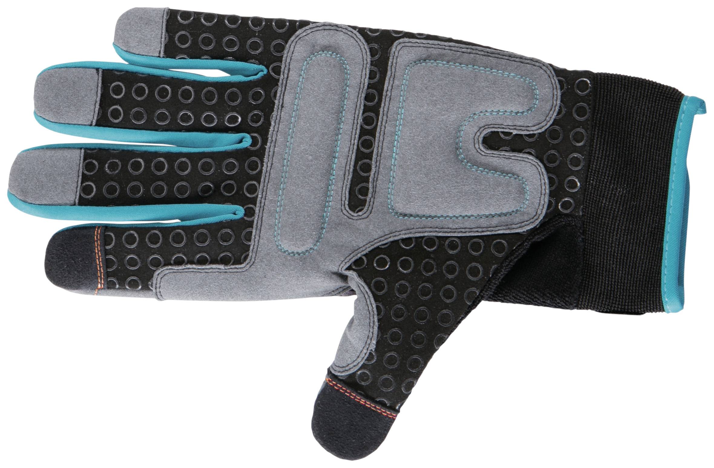Protective glove in black and grey with blue accents, suitable for tasks requiring finger protection. Shows left hand.