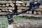 A person is splitting a log with an axe. Stacked logs can be seen in the background.