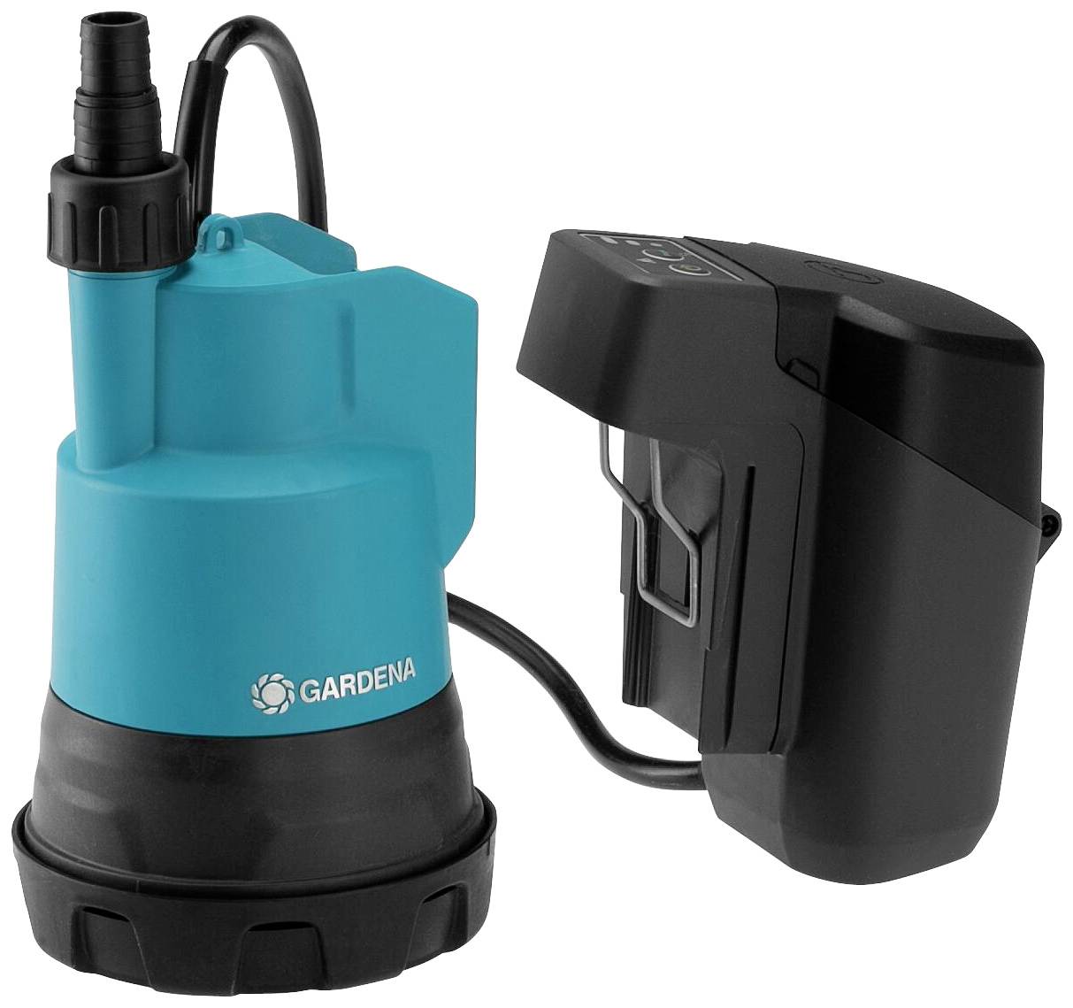 Gardena water pump in blue with black battery.