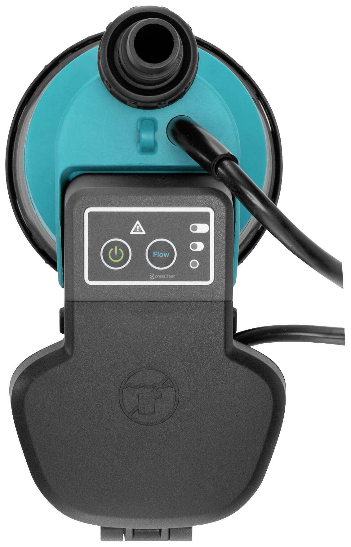 Electric water pump viewed from above, black and turquoise in colour, with control unit. Two cables are connected at the front.