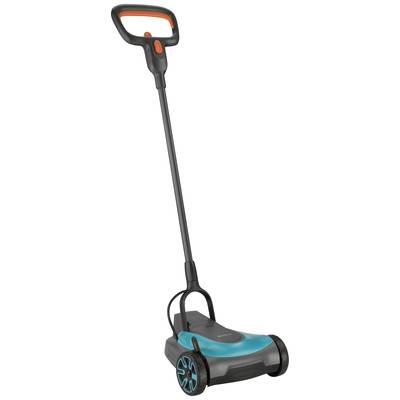 A lawnmower with a long handle, black and turquoise casing, and two wheels, suitable for mowing small lawn areas.