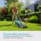A man is mowing the lawn in the garden with a lawnmower. Text below: 'Efficient mowing and collection. The lawn is neatly mown.'