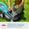 A person is mowing the lawn with a lawnmower; the text below describes the battery system's compatibility with over 70 tools from Alliance brands.