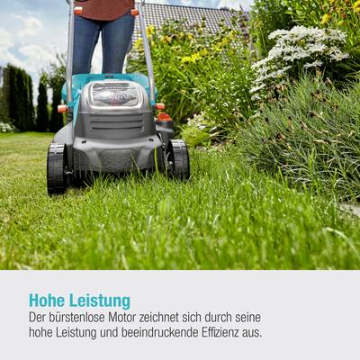 A person is mowing a lawn with a lawnmower in a garden. Text in the image: 'High Performance. The brushless motor is characterised by its high performance and impressive efficiency.'