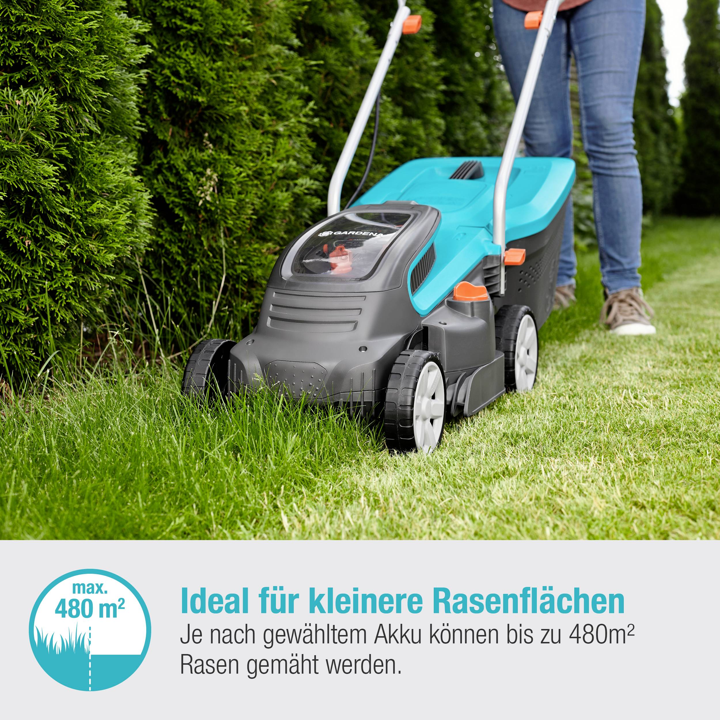 A person is mowing a small lawn with an electric lawnmower. Text: 'Ideal for smaller lawns up to 480 m²'.