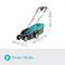 A lawnmower with dimensions: Height 98.5 cm, Width 35.8 cm, Length 120.5 cm. Weight: 8.4 kg.