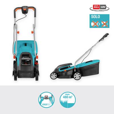 A blue lawn mower with an ergonomic handle on a grey background. Suitable for areas up to 480 m². Battery not included.