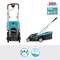 A blue lawn mower with an ergonomic handle on a grey background. Suitable for areas up to 480 m². Battery not included.