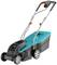 An electric lawnmower with grey wheels and a blue casing, suitable for small to medium-sized lawns.