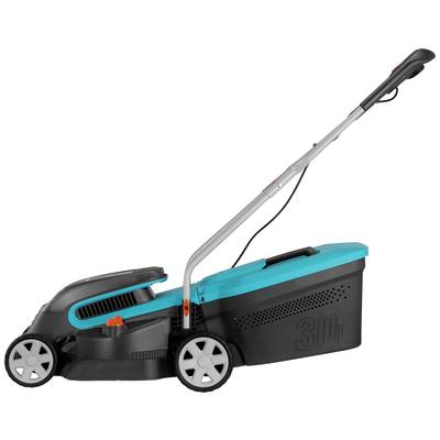 A blue and black lawnmower with a grass collector, side view.