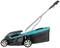 A blue and black lawnmower with a grass collector, side view.