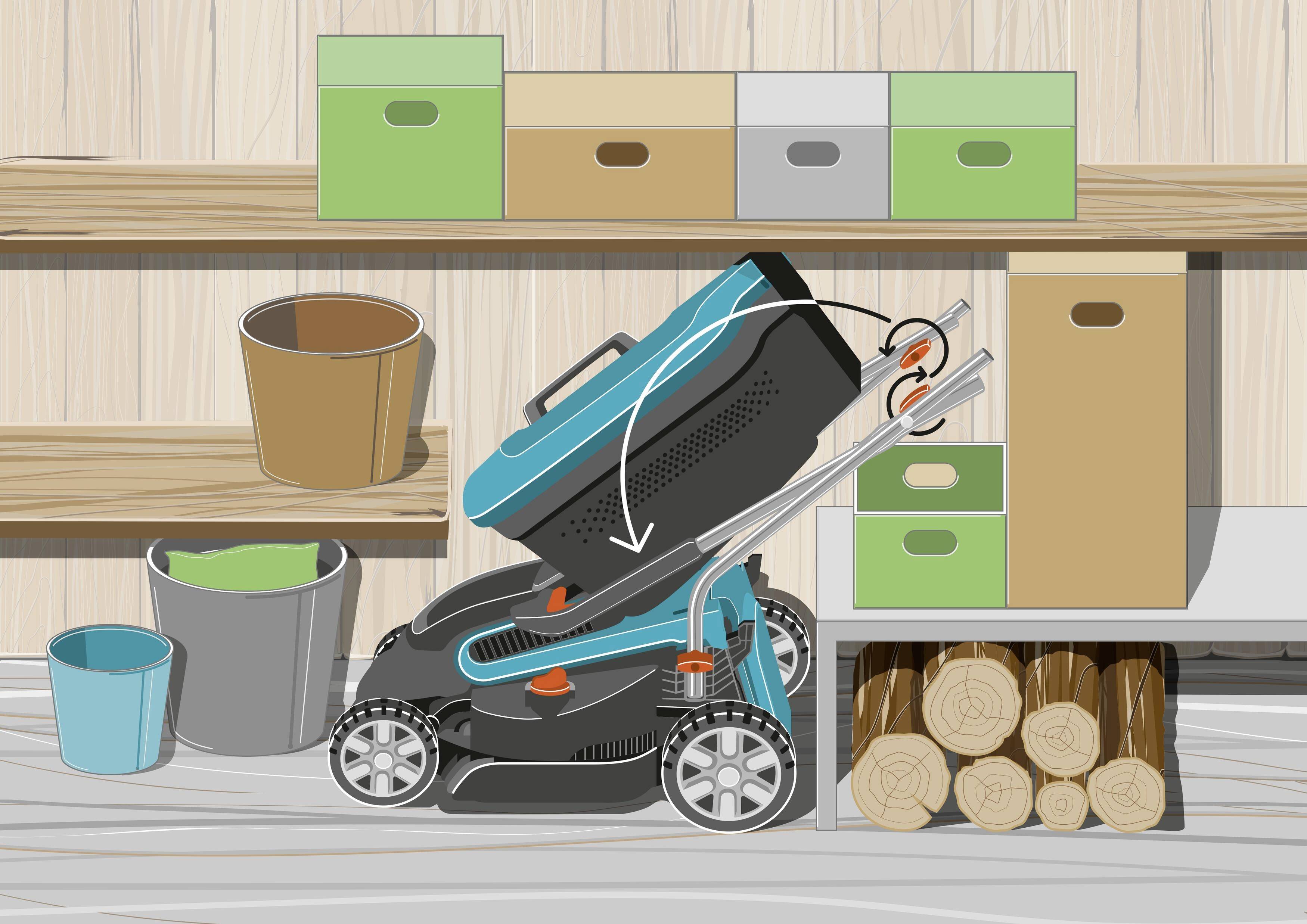 A lawnmower sits in a garage, surrounded by shelves with green and brown boxes, buckets, and stacked logs.