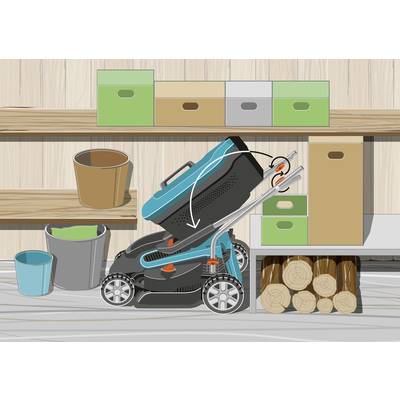A lawnmower sits in a garage, surrounded by shelves with green and brown boxes, buckets, and stacked logs.
