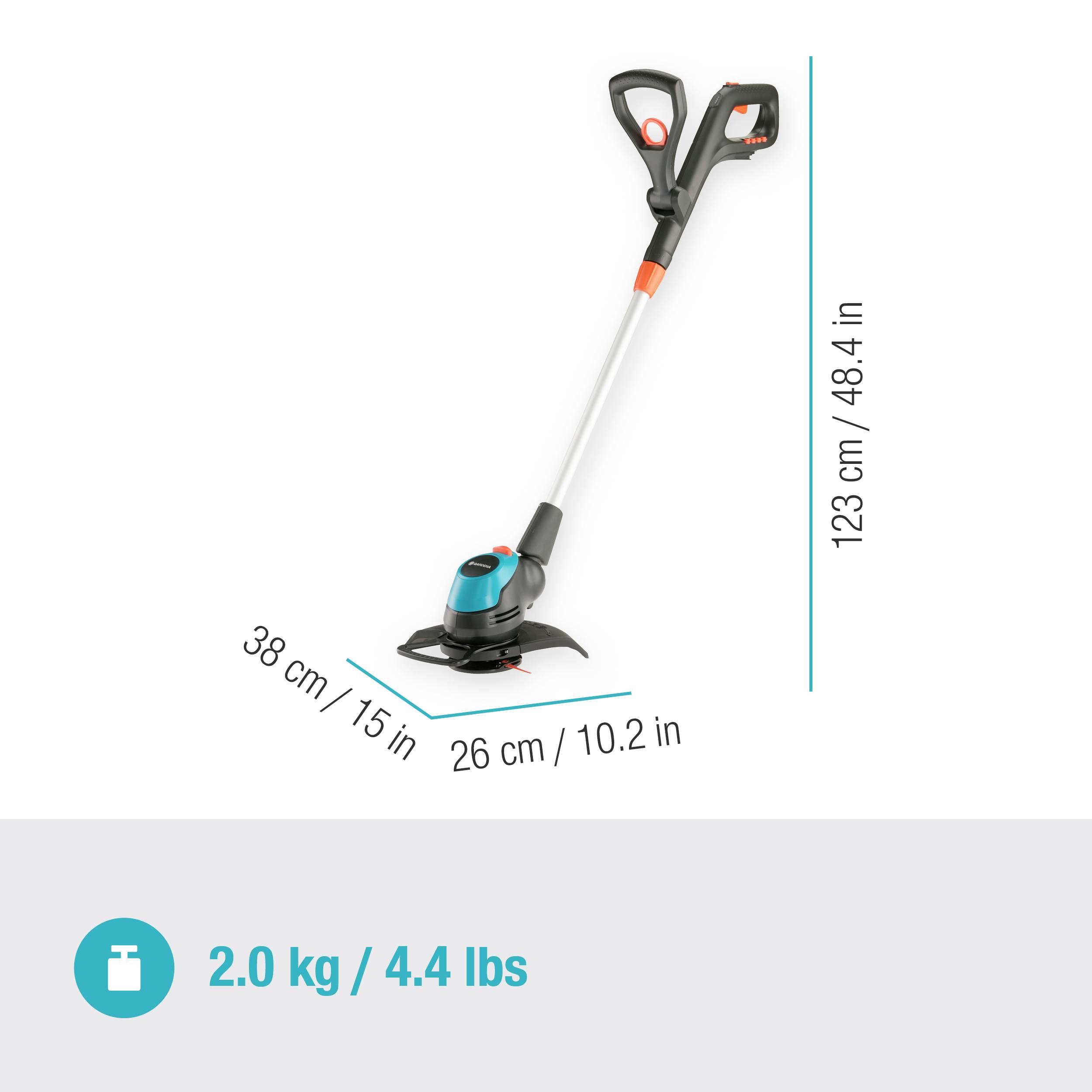 Battery-powered Trimmer with Telescopic Shaft, Dimensions 123 cm high, 38 cm long, 26 cm wide; Weight 2.0 kg. Suitable for precise lawn cutting.