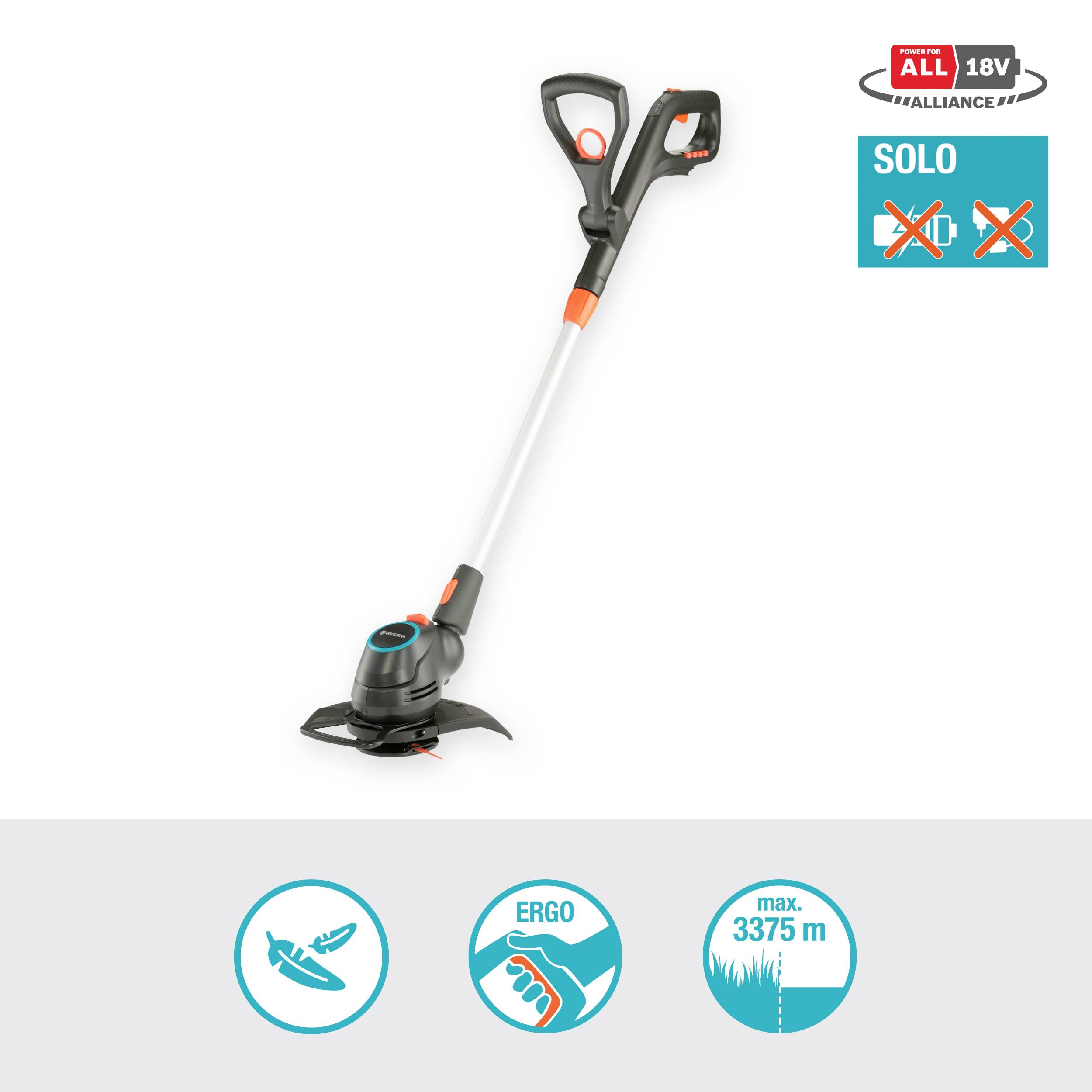 A cordless lawn trimmer with an ergonomic handle and cutting head. Labels show 18V power, 'SOLO', and maximum 3375 m cutting area.