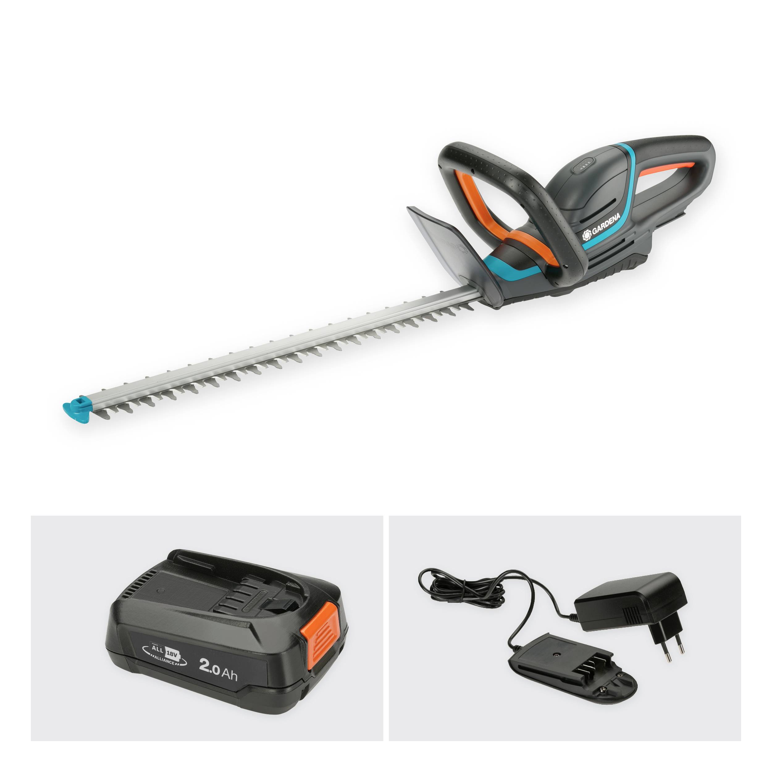 'Gardena Cordless Hedge Trimmer' with long blade, ergonomic handle. Including 20 Ah battery and charger. Ideal for garden maintenance.