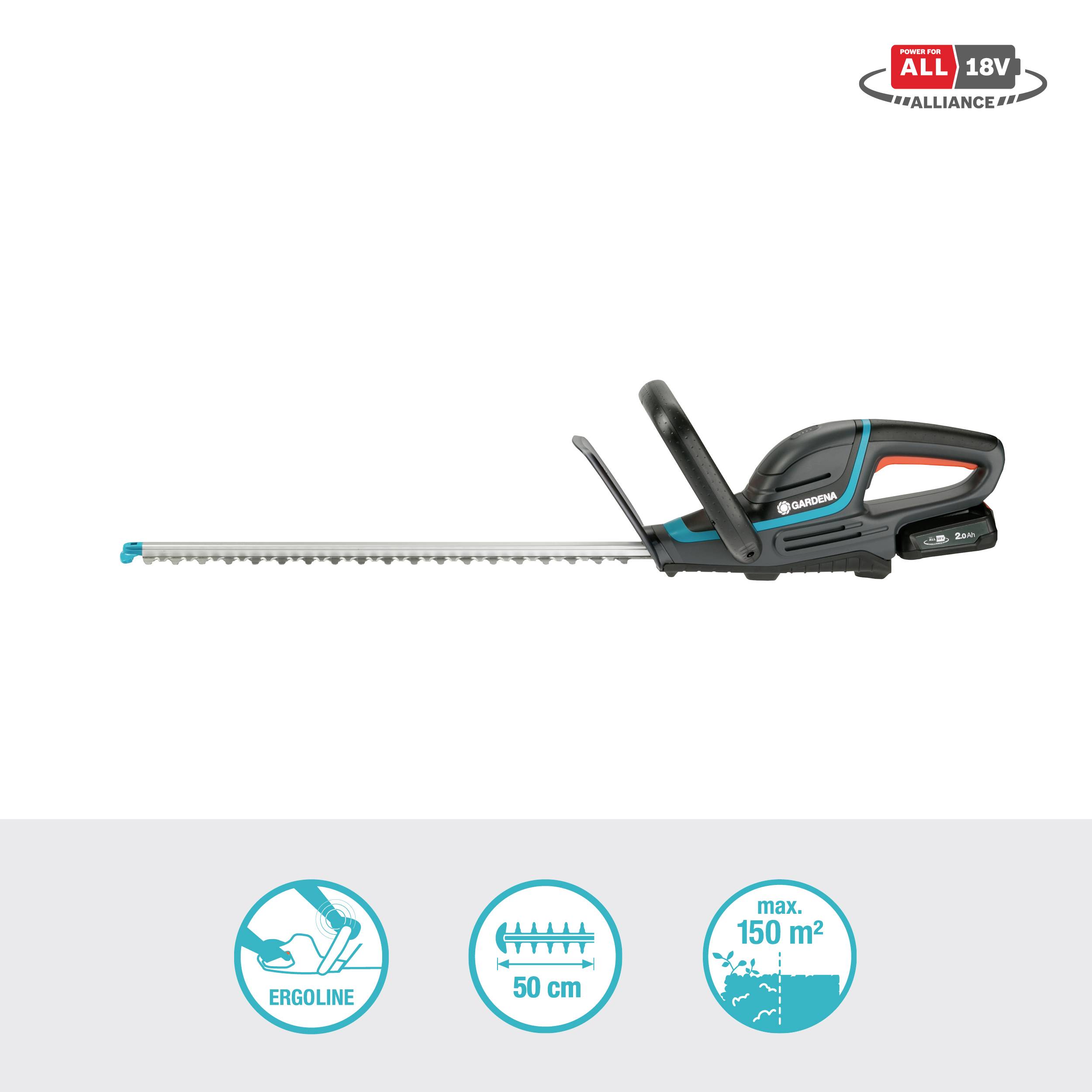 A black and blue Gardena hedge trimmer with a 50 cm long blade. Symbols below: ergonomic, 50 cm cutting length, up to 150 m² area.