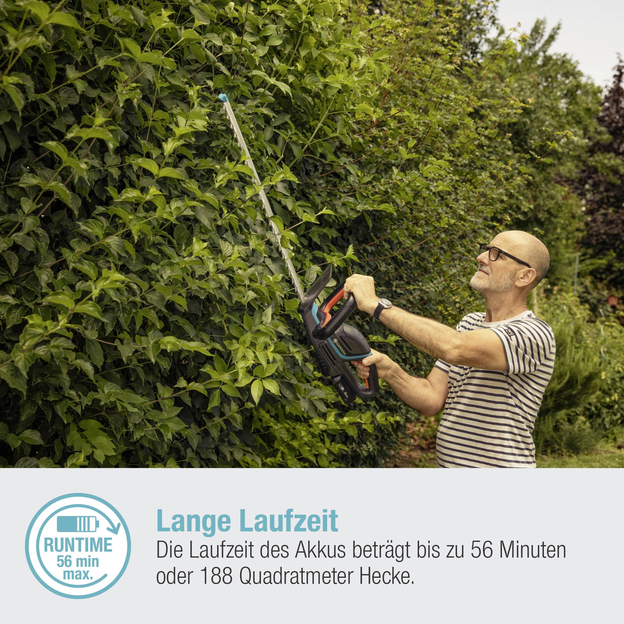 A man is trimming a tall hedge with a cordless hedge trimmer. Text: 'Long Runtime. The battery runtime is up to 56 minutes.'