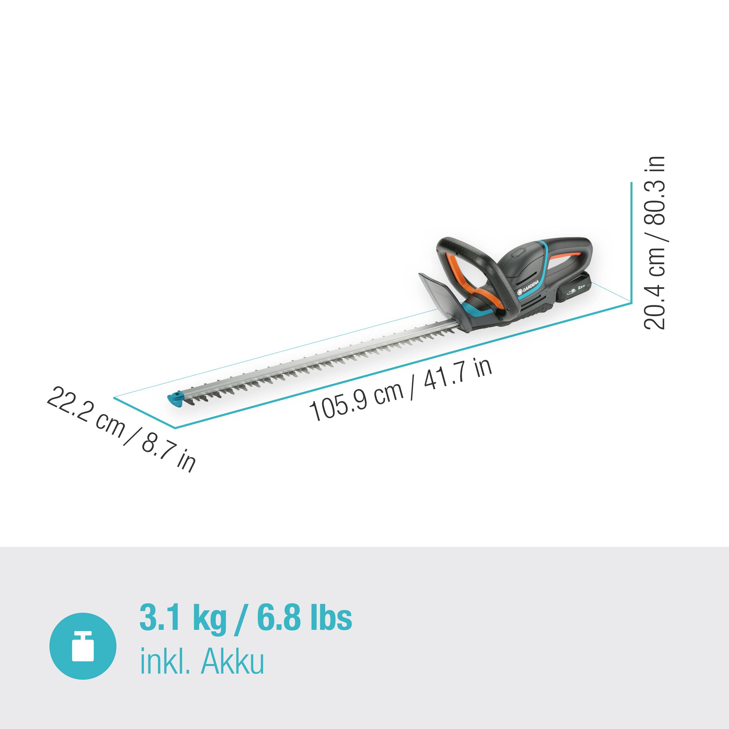 Hedge trimmer with blue line indicating dimensions: 22.2 cm depth, 105.9 cm length, 20.4 cm height. Weight: 3.1 kg including battery.
