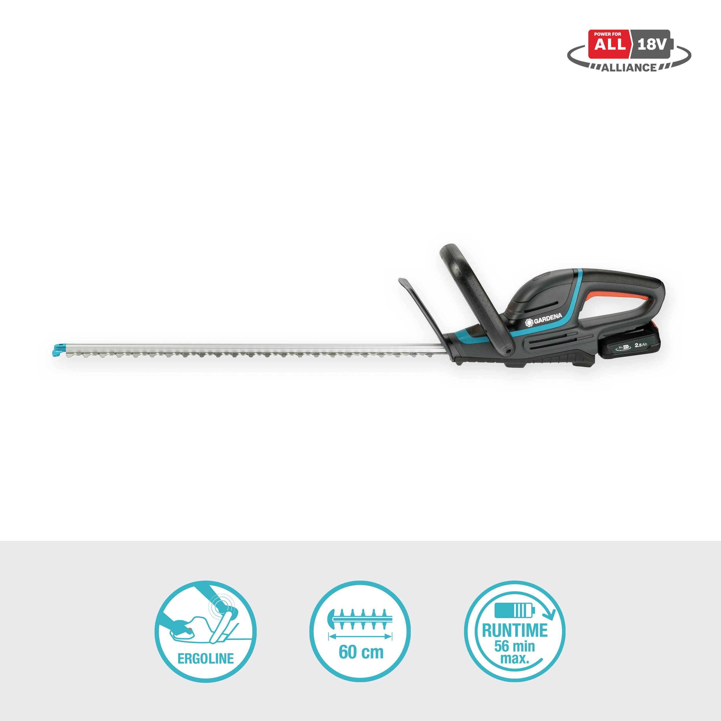 'Battery-powered hedge trimmer with 60 cm blade length, ergonomic design, and a maximum runtime of 56 minutes. Part of the 18V product range.'
