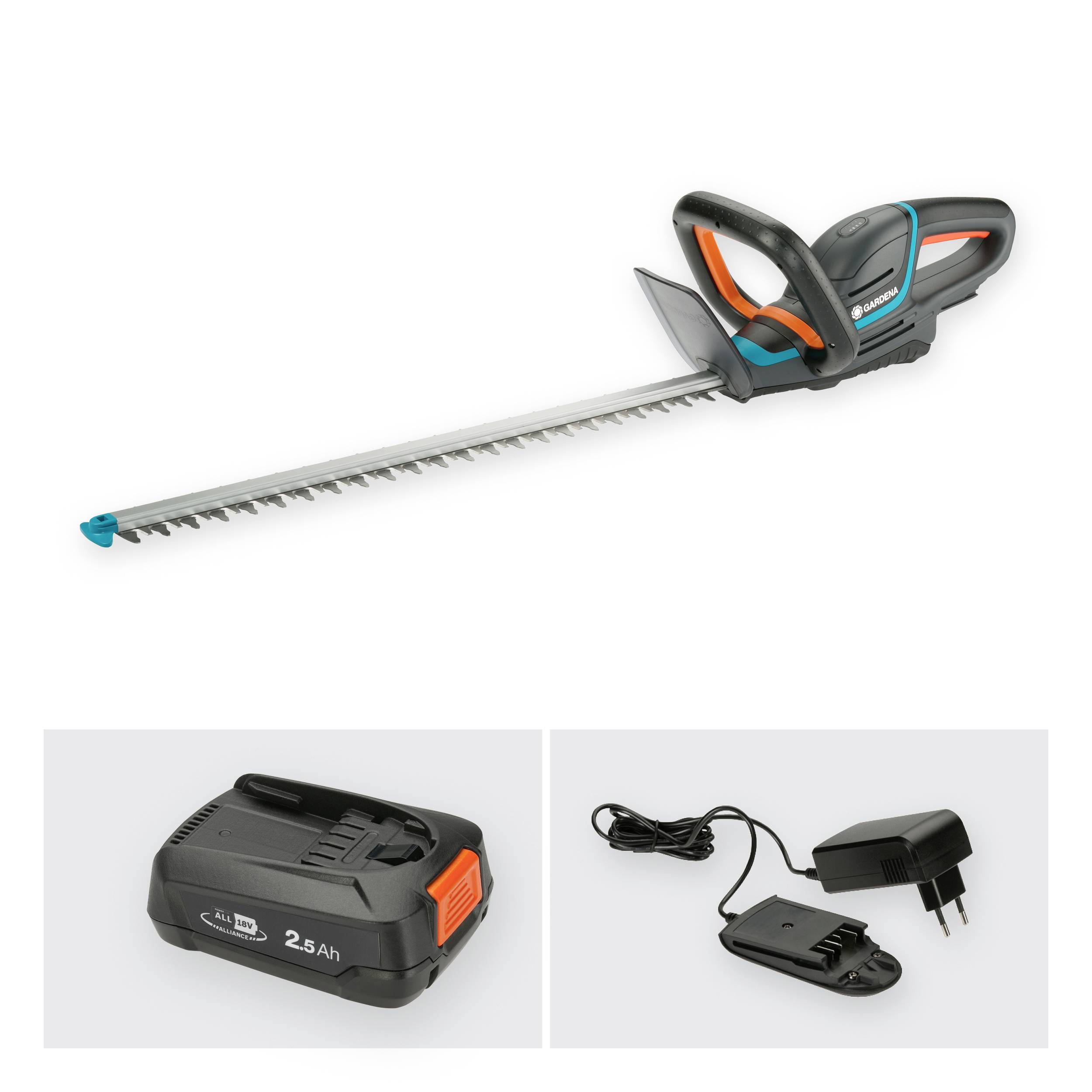 A cordless hedge trimmer with a black and orange handle and a battery charger is pictured.