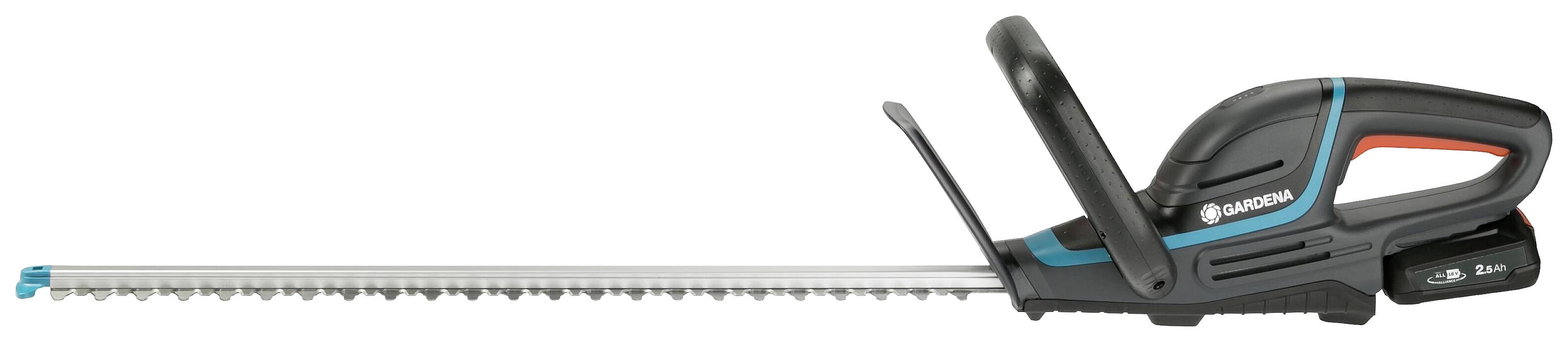 Electric hedge trimmer with black handle and long blade, suitable for trimming hedges.