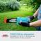 A person is holding a blue battery-powered chainsaw. Text: 'POWER FOR ALL battery system' describes compatibility with 18V tools for home and garden.