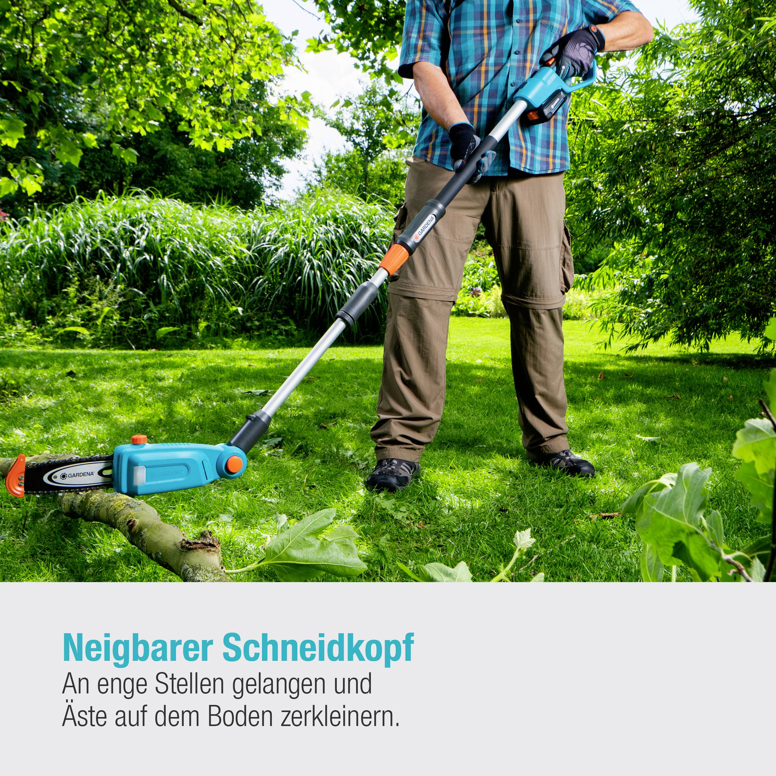 A person is mowing the lawn with an electric cutting tool in the garden. Text on image: 'Tiltable cutting head for tight spots on the ground.'