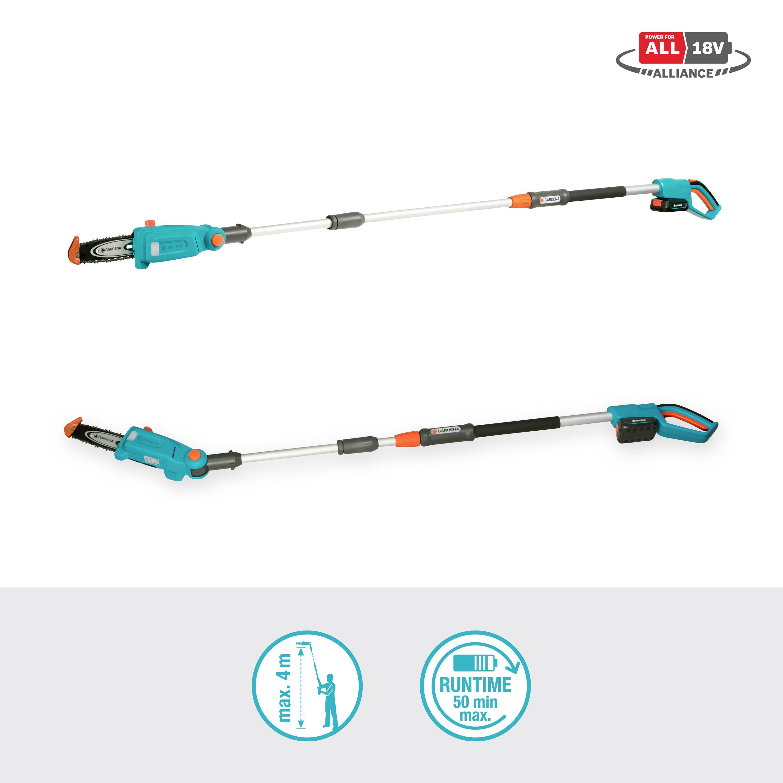 A blue and orange cordless telescopic pole pruner with a maximum reach of 4 m, 18V, 50 minutes of operating time.
