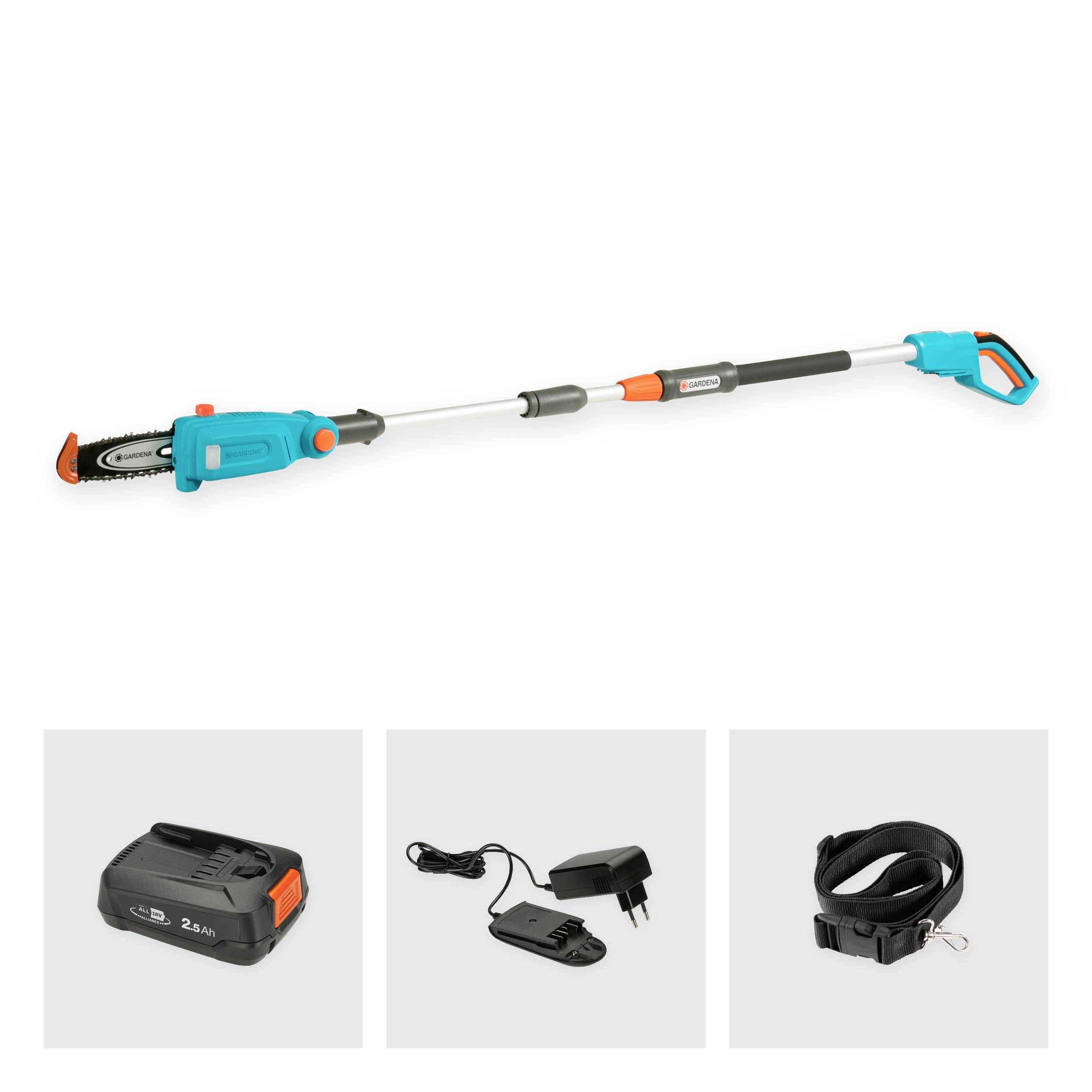 A battery-powered telescopic hedge trimmer with accessories: battery, charger, and shoulder strap. Ideal for cutting tall hedges.