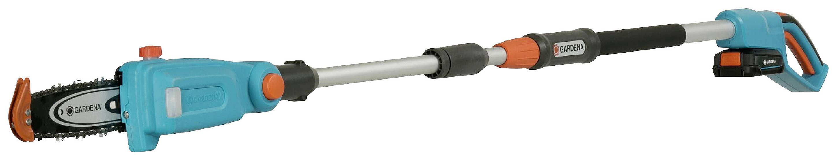 Garden Tool: A blue and orange telescopic pole pruner with battery, designed for cutting branches at height.