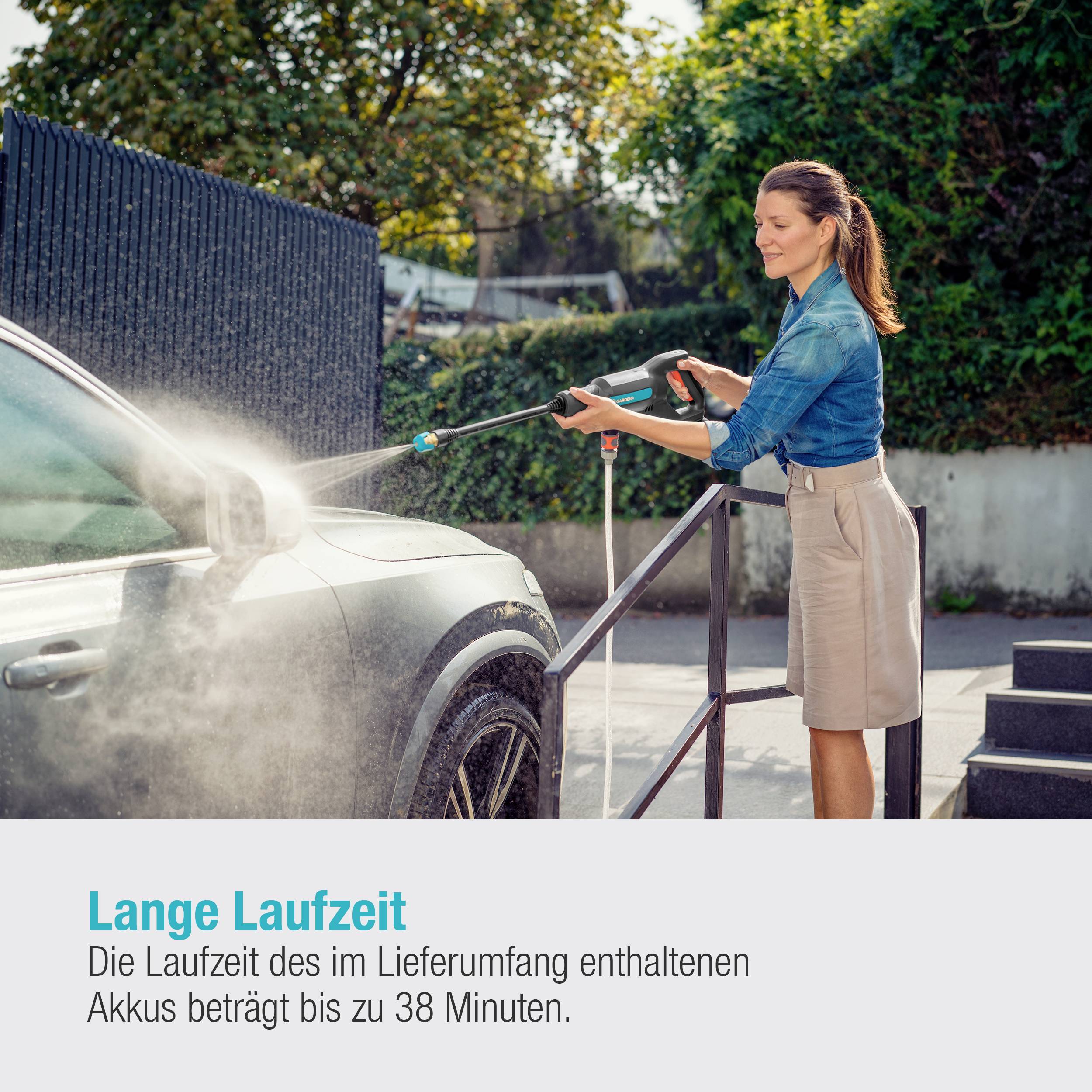A woman is cleaning a car with a pressure washer outdoors, with text display: 'Long running time. Battery life up to 38 minutes.'