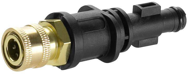 Black and gold-coloured high-pressure washer adapter, cylindrical shape with threaded screw and push-fit coupling, for hose connection.