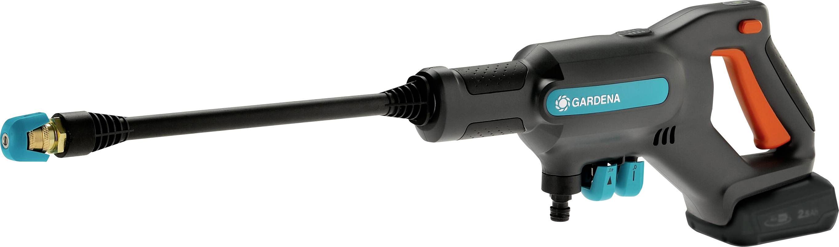 A portable pressure washer with a black and blue design. It has an ergonomic handle and a long nozzle. Suitable for garden work.