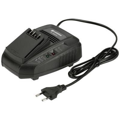 A black battery charger with an attached mains cable and European plug. Suitable for rechargeable batteries.