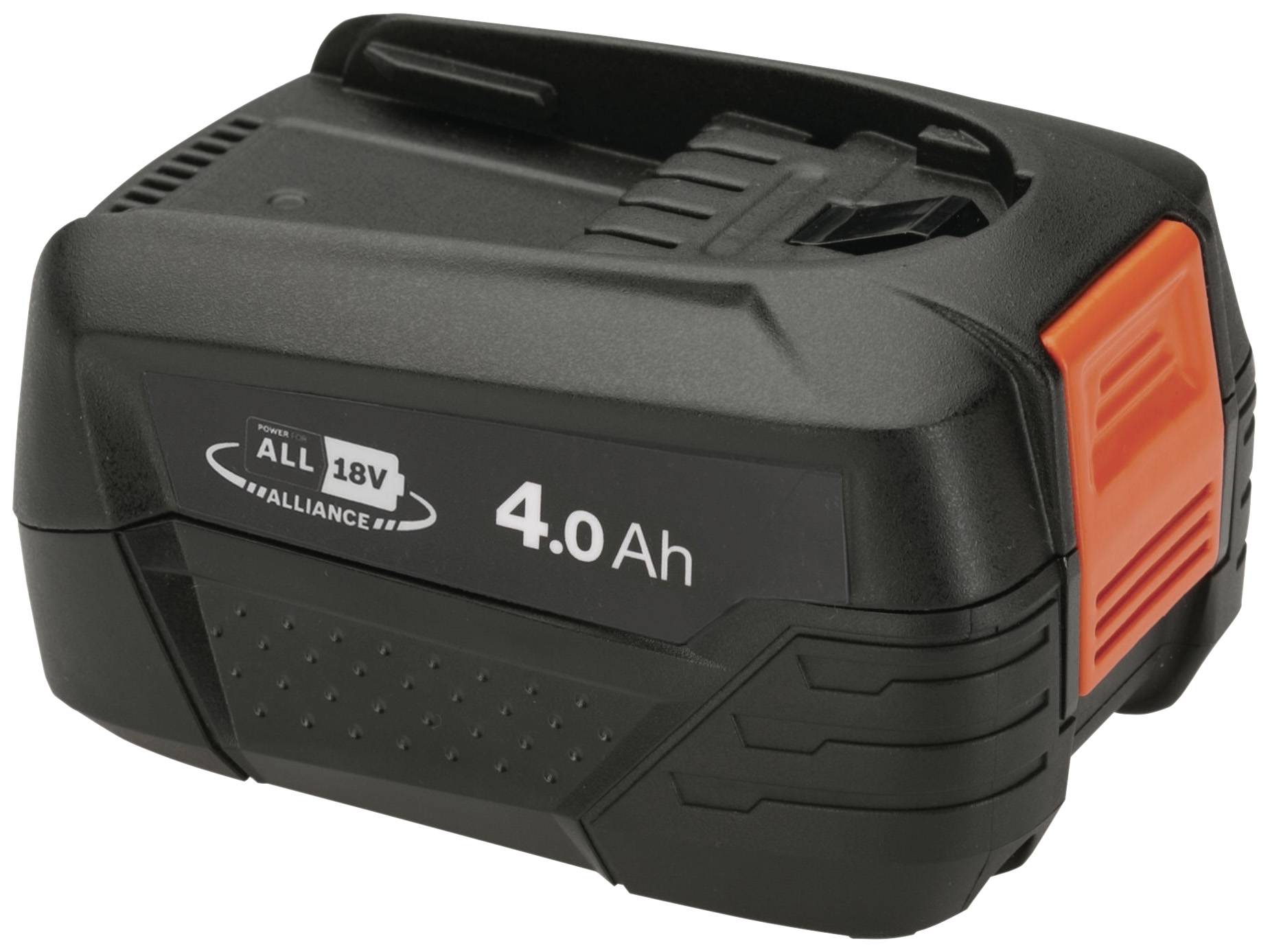 Black 18V battery with red locking lever and inscription '4.0 Ah', suitable for power tools.