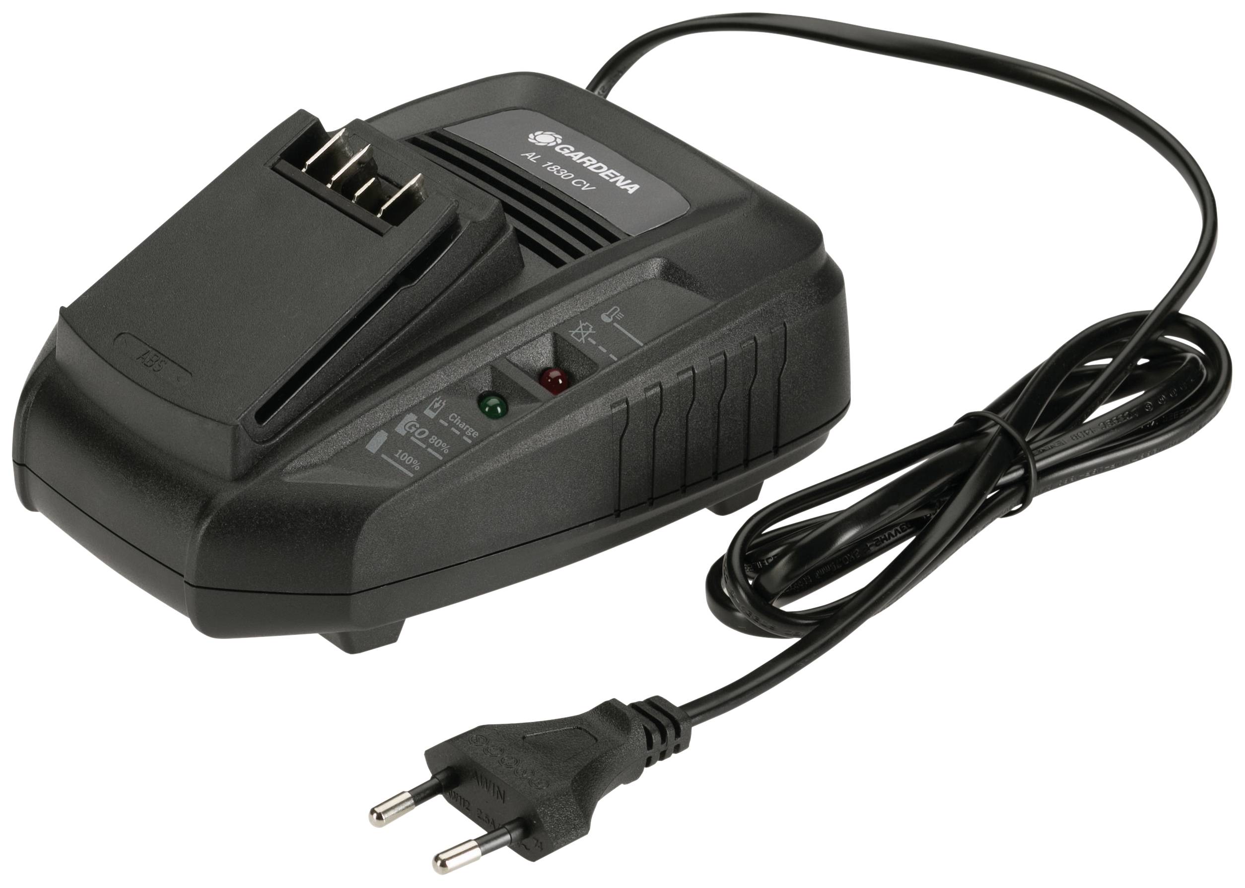 A black battery charger with a power cable and European plug, suitable for 18V and 20V batteries.