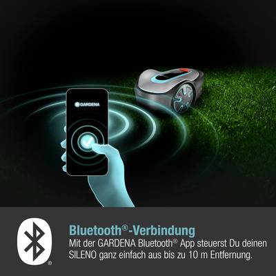 A hand is holding a mobile phone with the GARDENA Bluetooth app controlling a robotic lawnmower. Text: 'Bluetooth connection' and app control range.