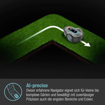 A mower on a lawn demonstrates its ability to navigate precisely. Text underneath: 'AI-precise' for tight, complex garden corners.