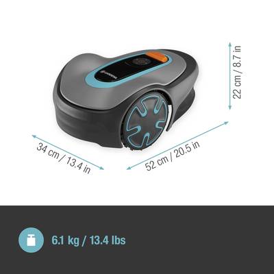 Robotic Lawn Mower with dimensions: Length 52 cm (20.5 inches), Width 34 cm (13.4 inches), Height 22 cm (8.7 inches). Weight: 6.1 kg (13.4 lbs).