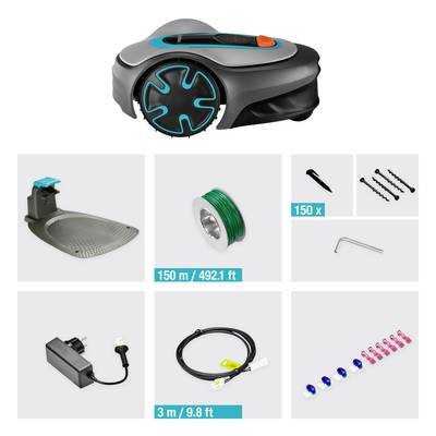A robotic lawnmower set comprising a lawnmower, charging station, boundary cable, screws, Allen key, adapter and cable plug.