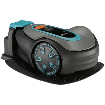 Automatic lawn mower robot on charging station. Compact, modern design in grey and turquoise with large wheels.