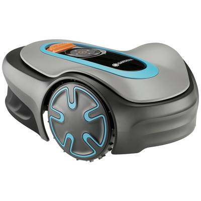 Automatic lawn mower robot with a grey and blue casing, powered by large wheels, suitable for use in gardens.